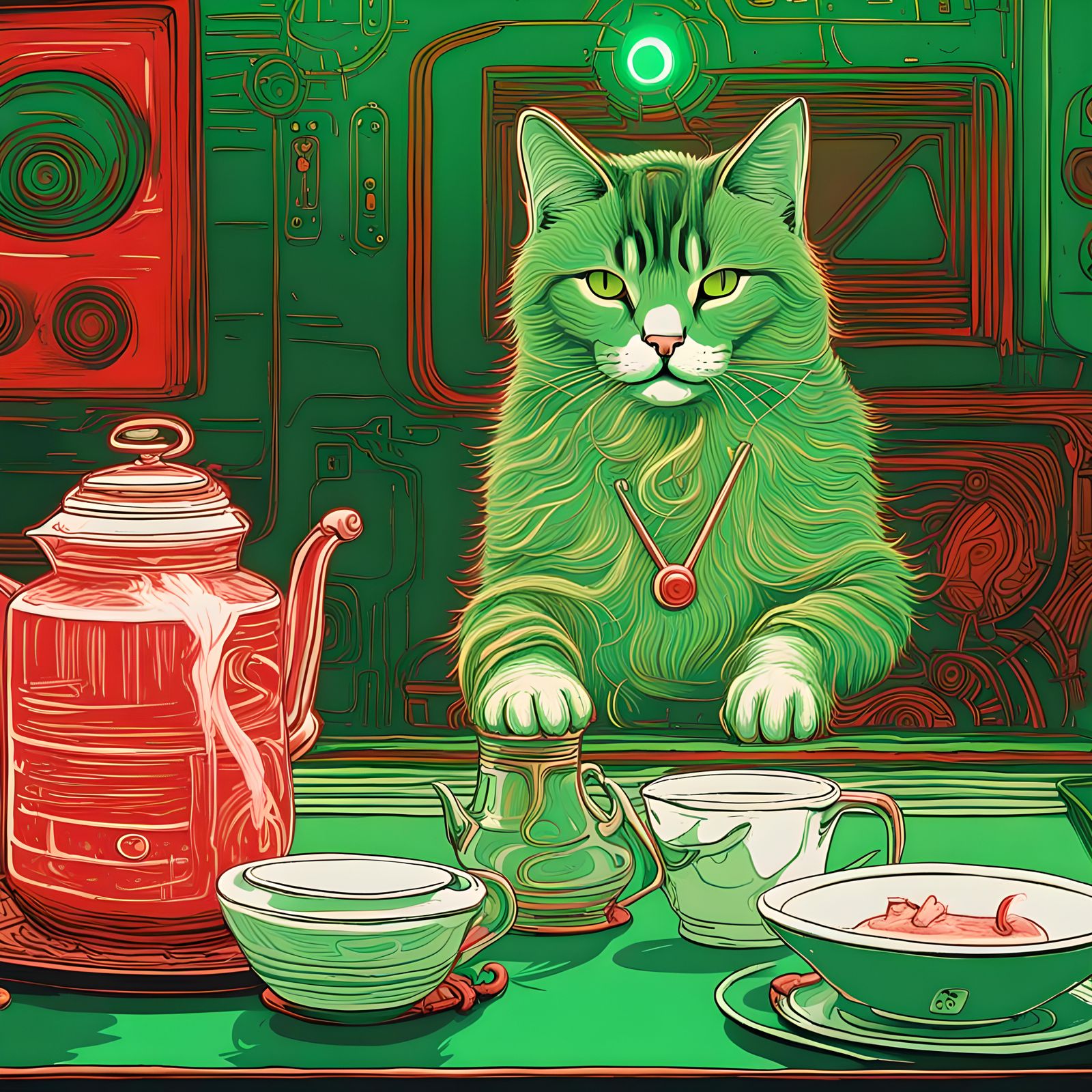 Astral Birthday Cat Dog in Funky Neon Kitchen