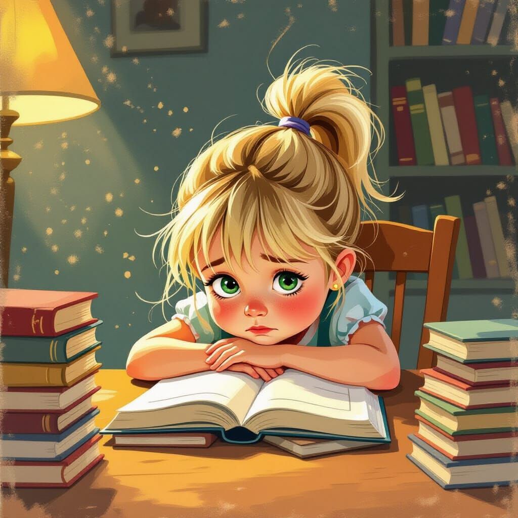 Tired Girl Slumps Over Books in Storybook Style