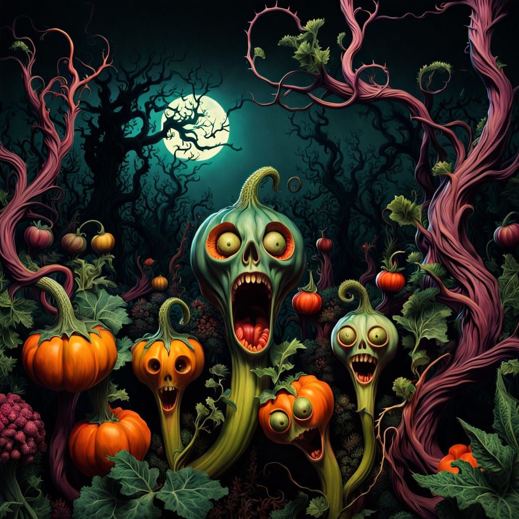 Grotesque Vegetables Writhe in Surreal Landscape