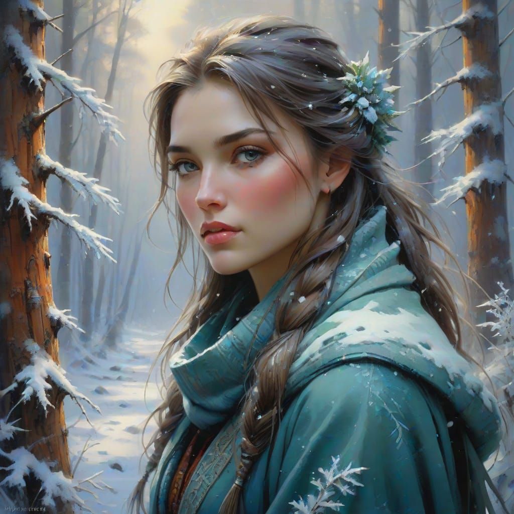 Fantasy Oil Painting of Woman in Snowy Taiga Forest