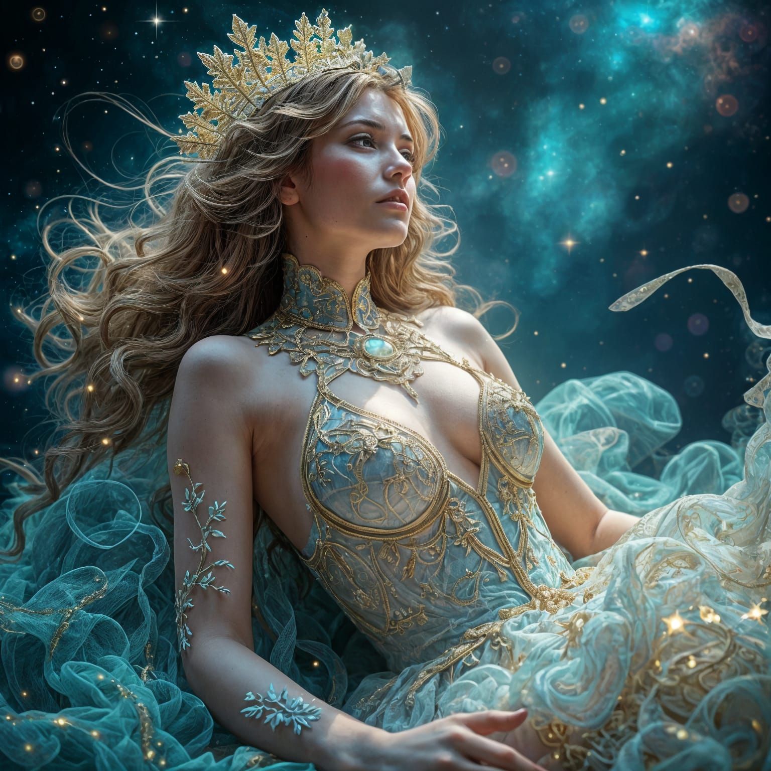 Android Goddess Floating Through Cosmos, Art Nouveau Style