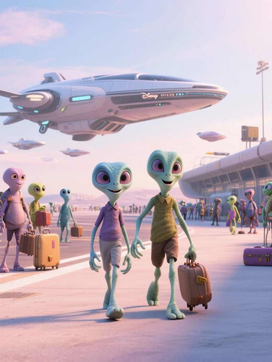 Disney Pixar Style Aliens Boarding Spaceship