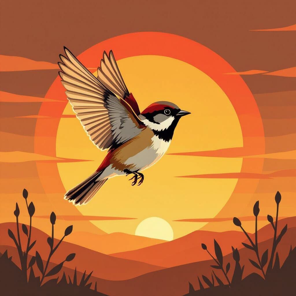 Sparrow Silhouette in Flight, Geometric Illustration Style