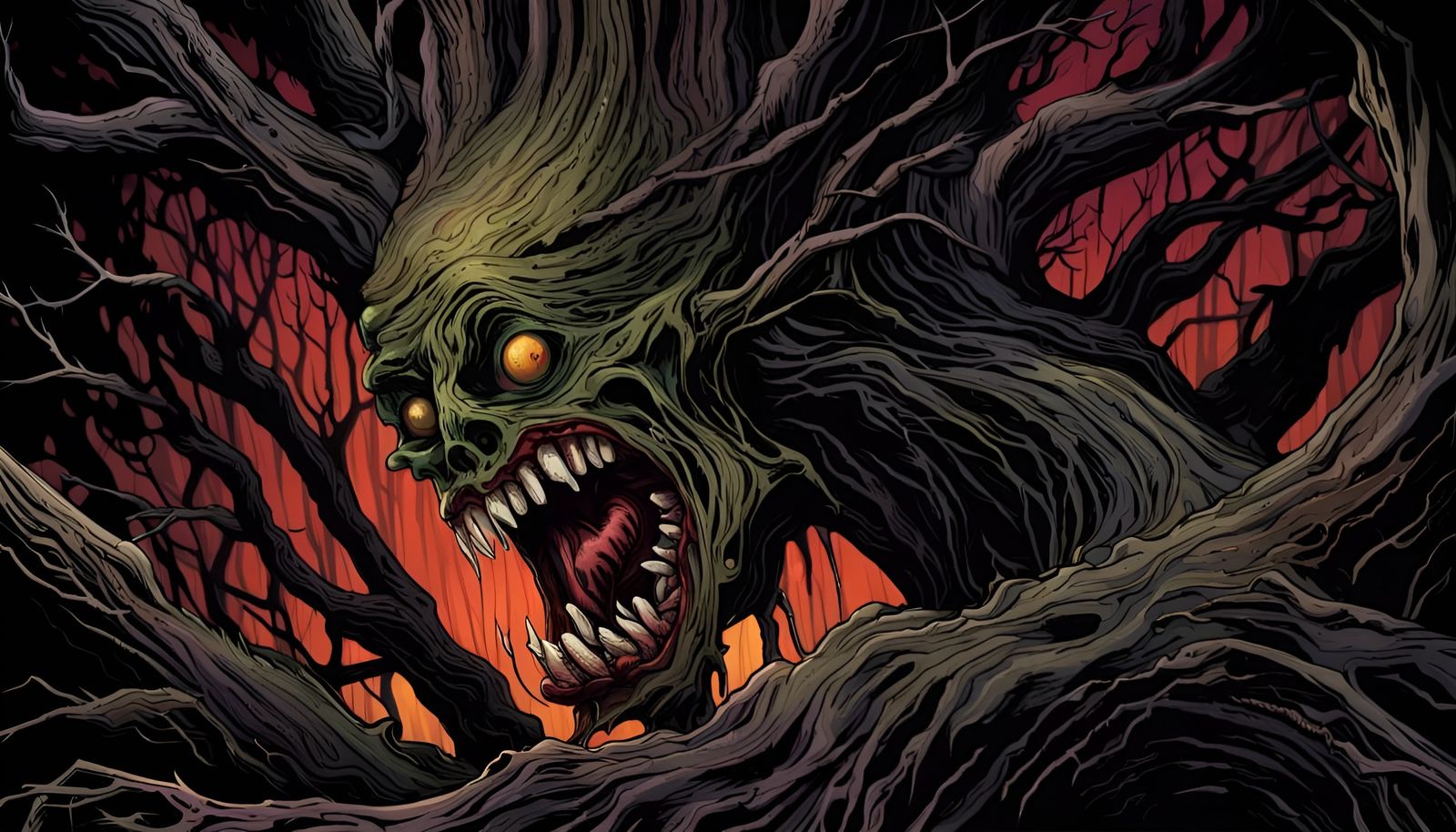 Creepy Black Dead Tree with Open Mouth