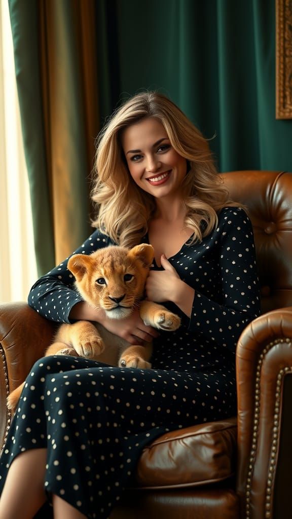 Beautiful woman petting her baby lion