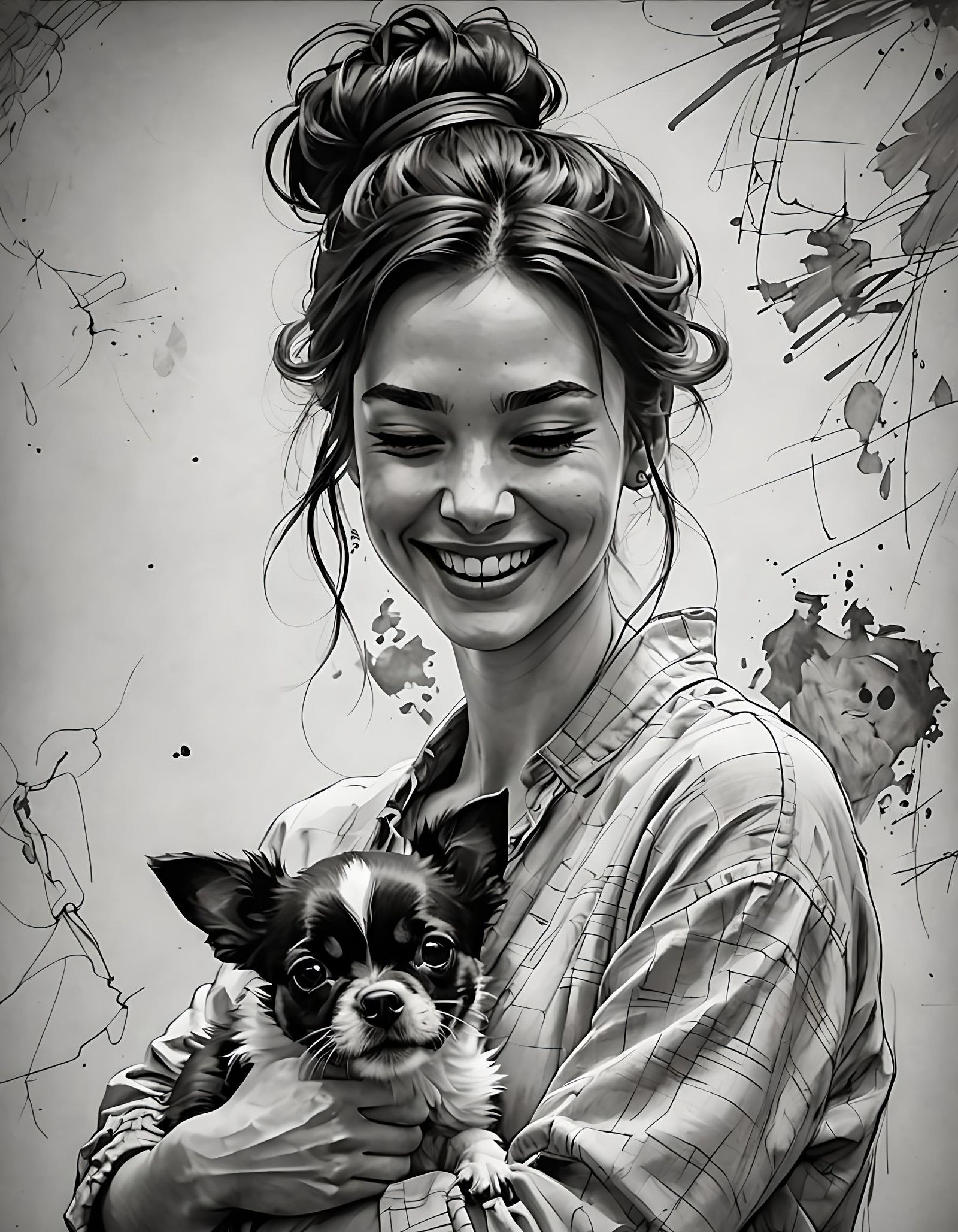 Black & white portrait of a girl and her dog ...
