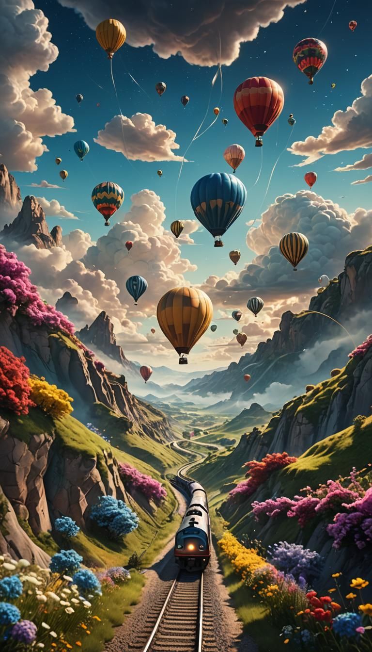 Surreal Train Journey Through Dreamlike Landscapes