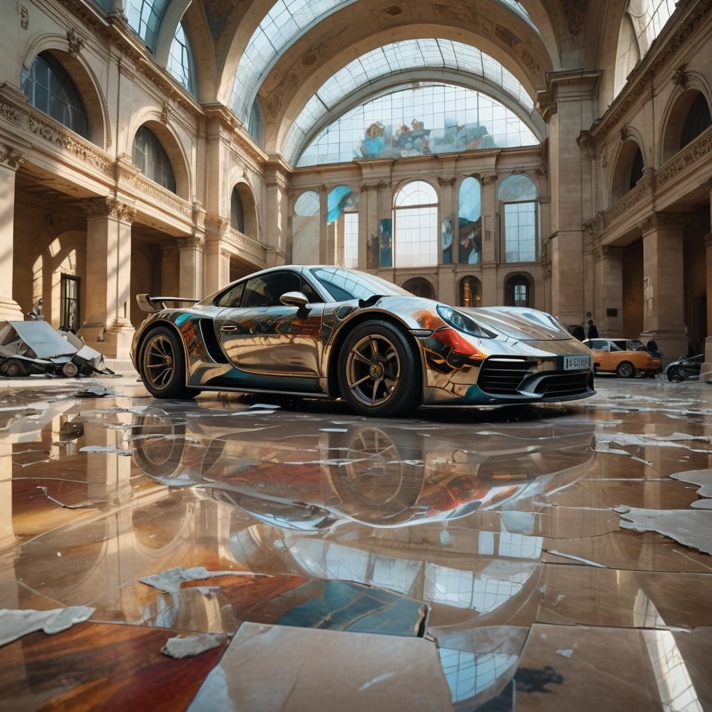 Crashed Porsche in Louvre: Art Deco Concept Art
