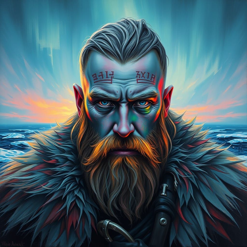 Viking Warrior Portrait in Aurora Borealis Colors