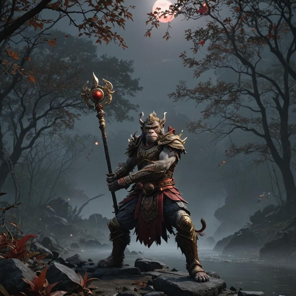 Monkey King in Armor by Foggy River