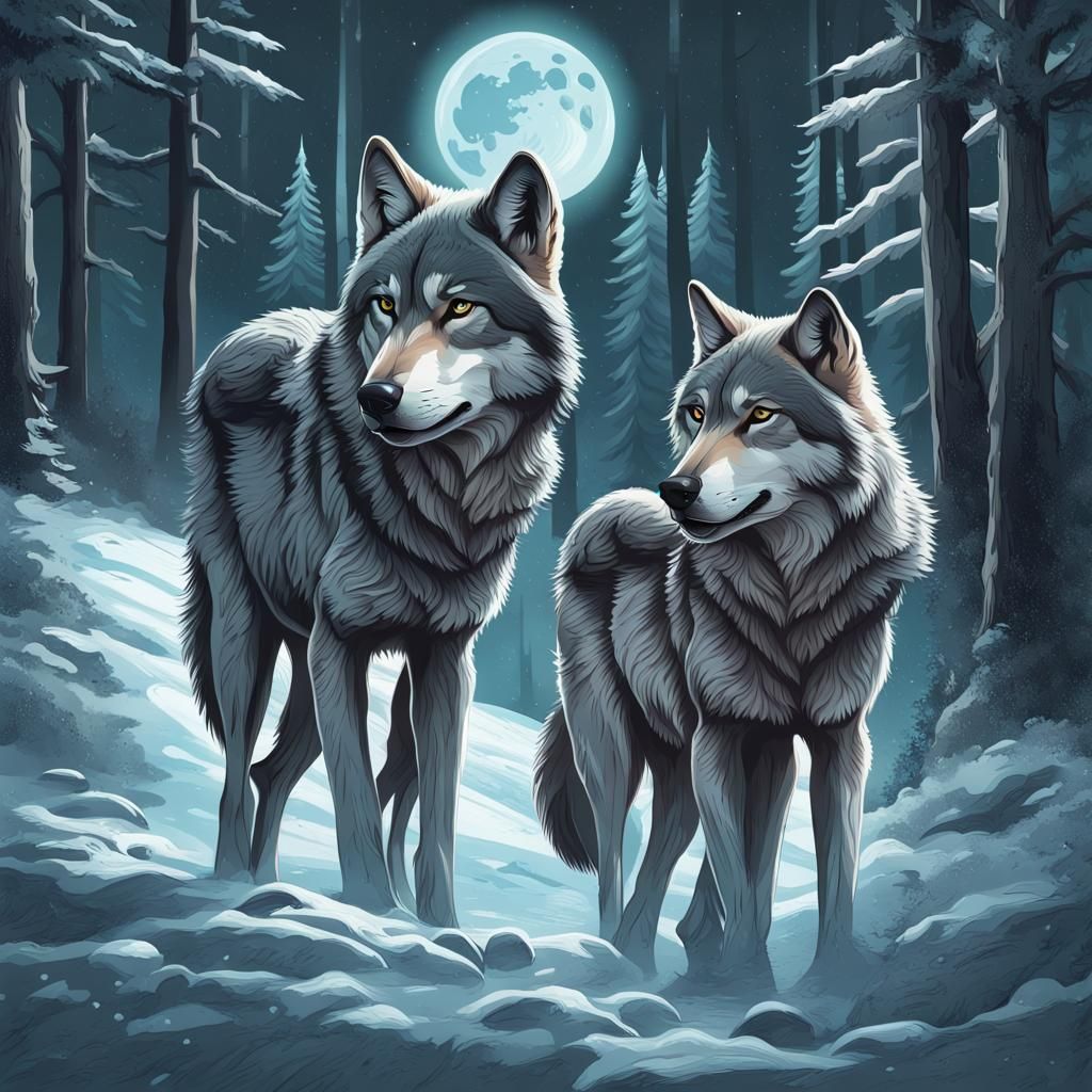 Grey Wolf Pack Hunting on Moon in Vector Style