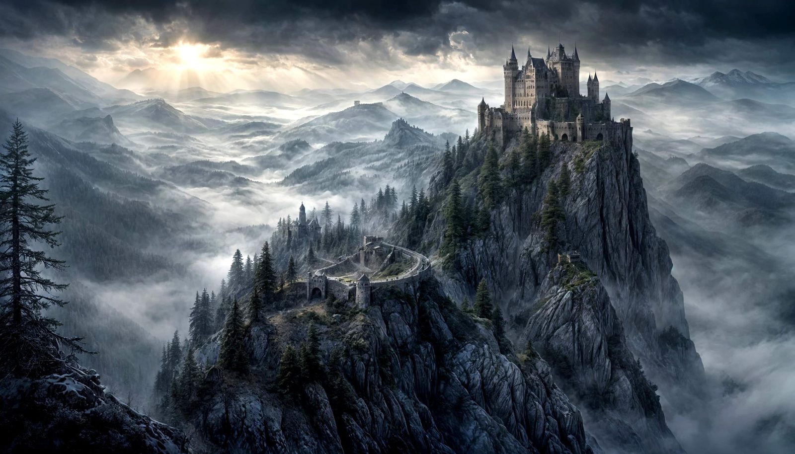 Medieval Castle in Misty Mountain Landscape