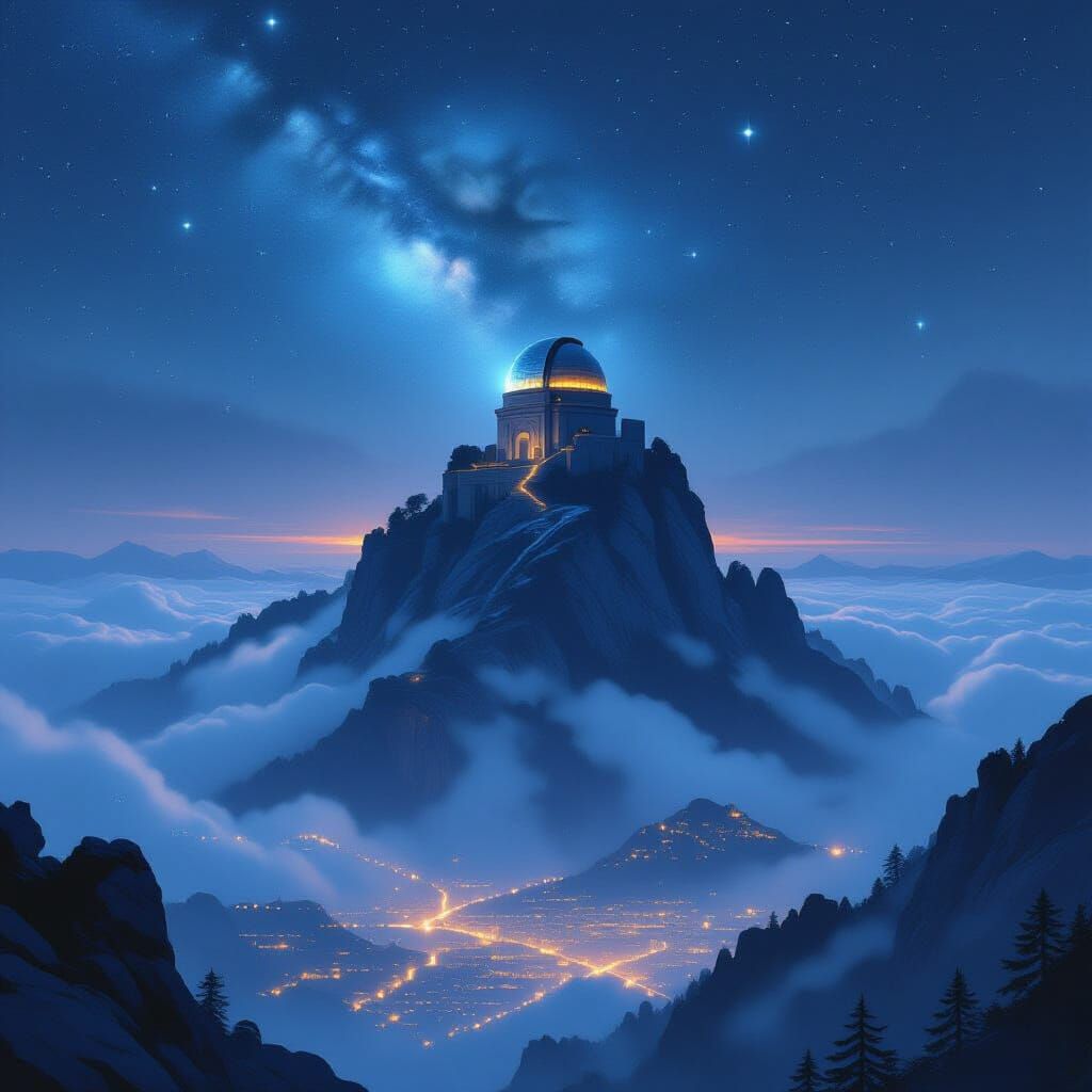 Ancient Observatory Above City Lights in Matte Painting Styl...