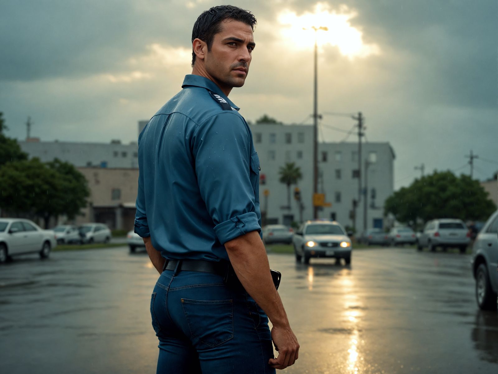 Greek Cop in Pouring Rain, Photorealistic Image