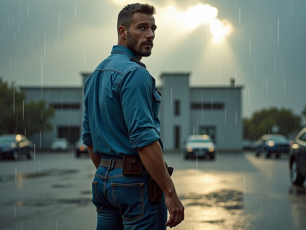 Greek Cop Smiles in Pouring Rain: Hyper-Realistic