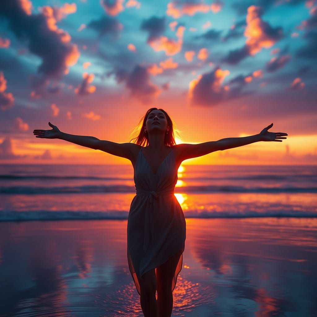 Serene Beach Goddess Awakens Amidst Vibrant Sunset Dreamscap...