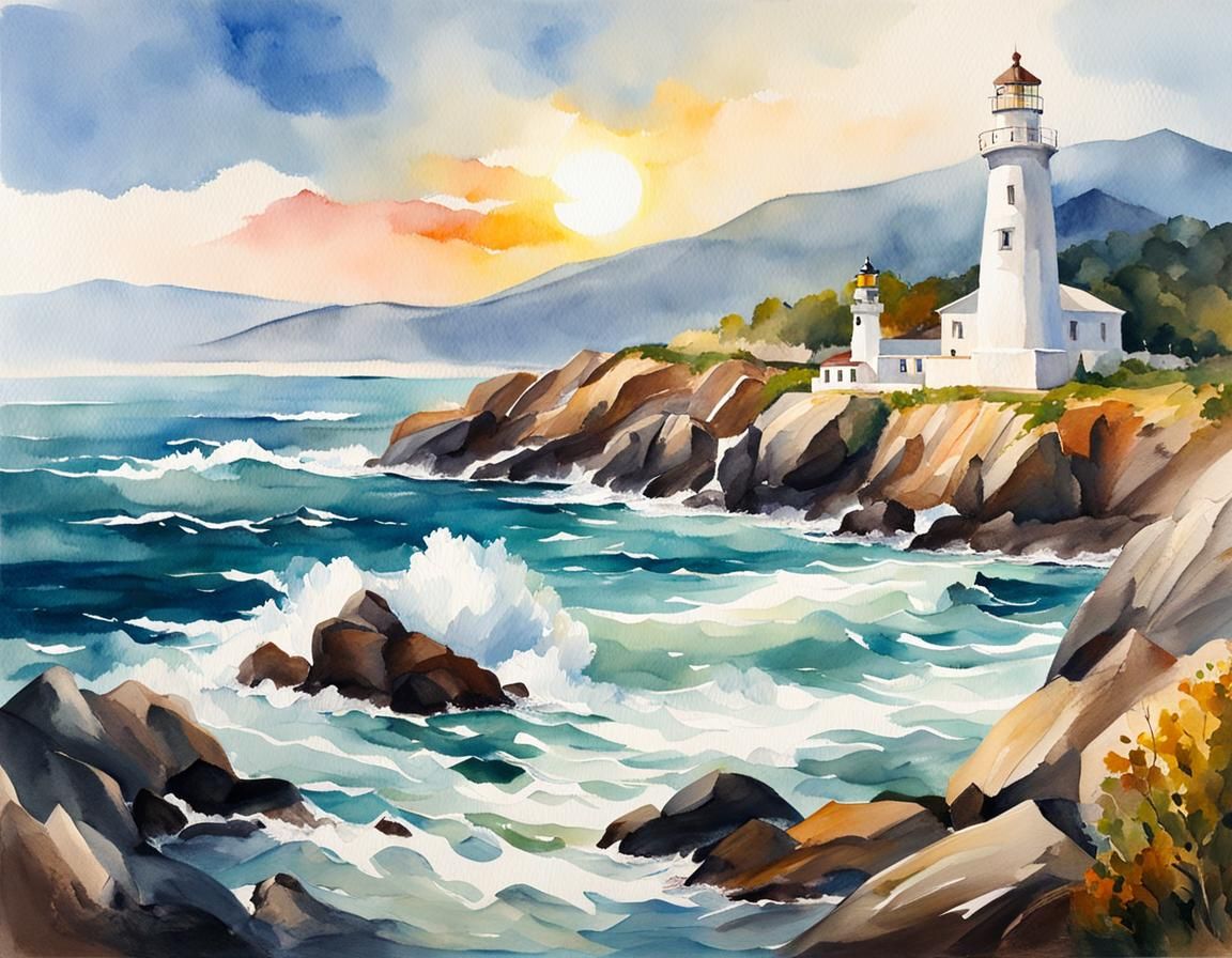 Seaside Lighthouse in Loose Watercolor Style