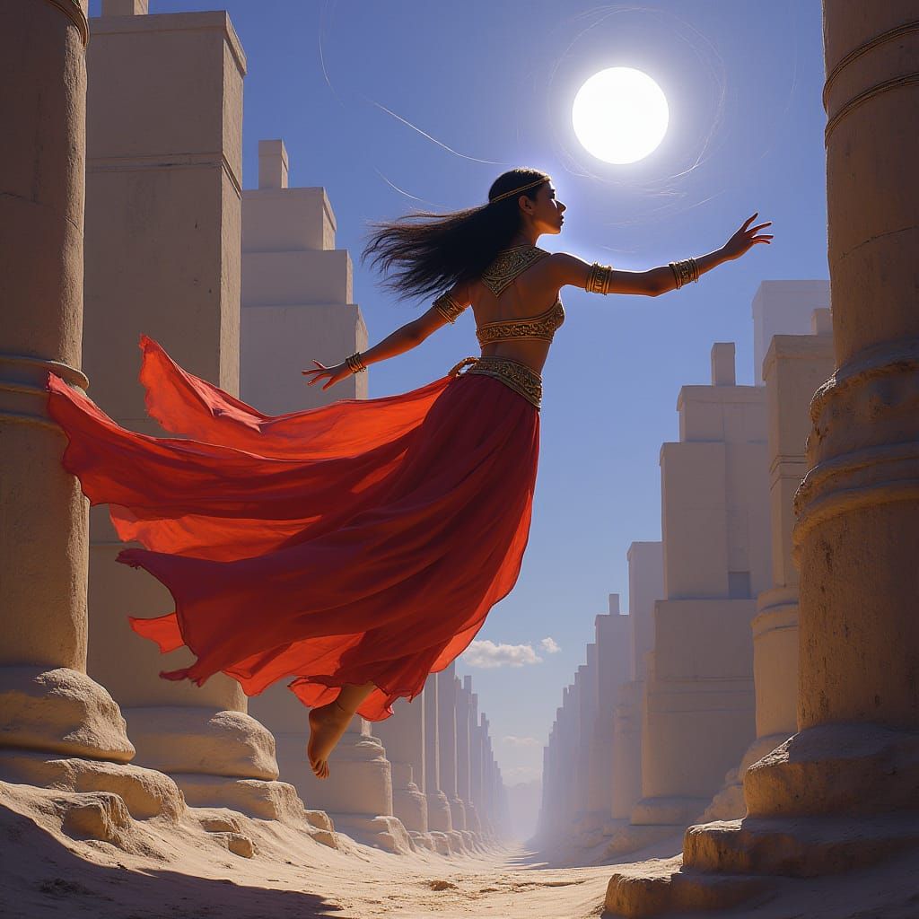 Egyptian Woman Drifting Through Alien Cityscape