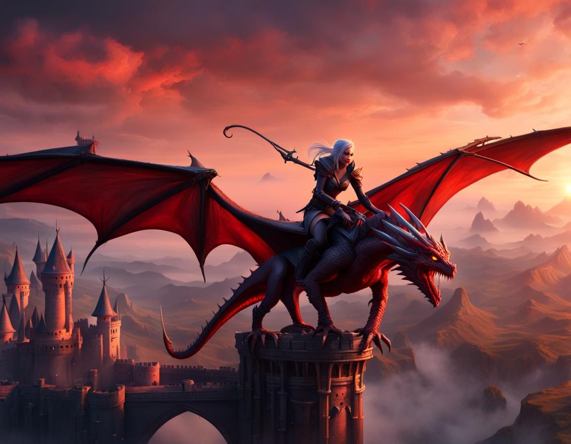 a drow riding a red dragon