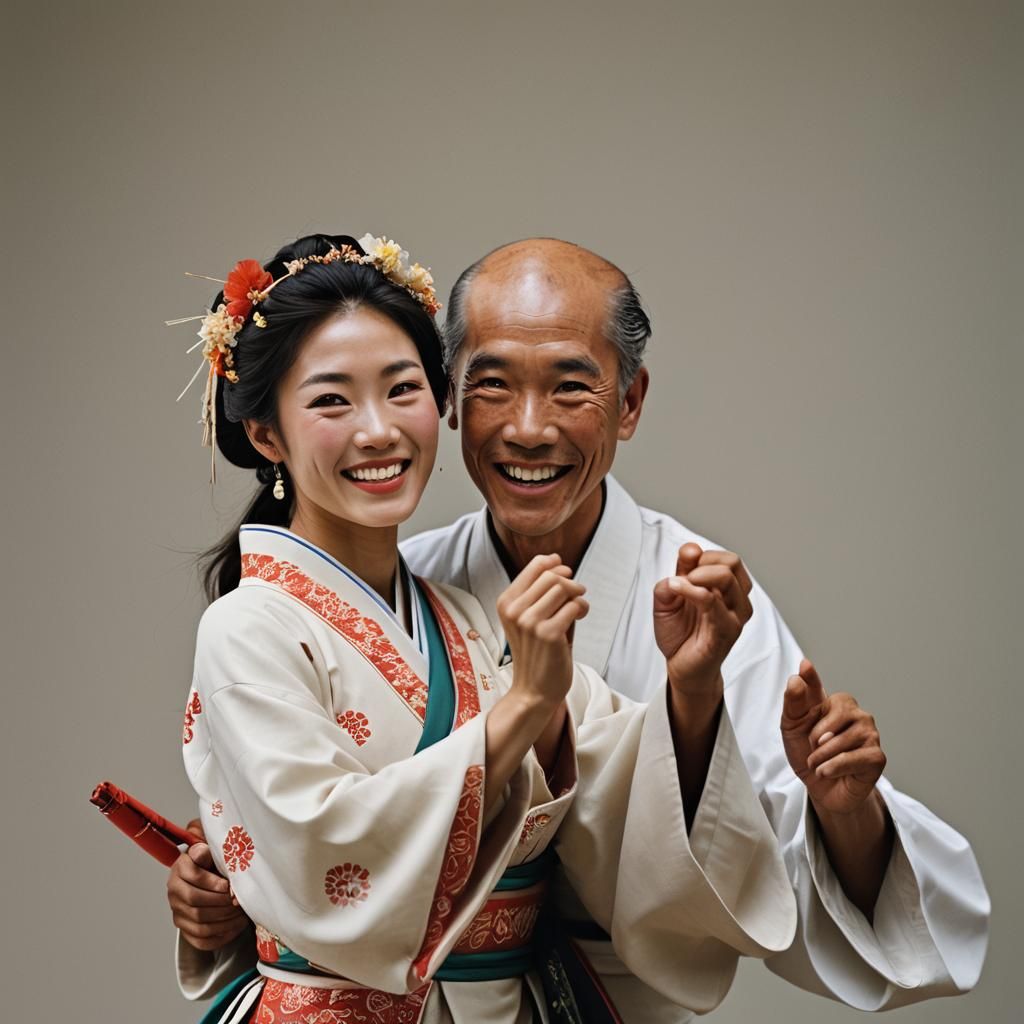Smiling Japanese Couple Dancing: Professional Portrait