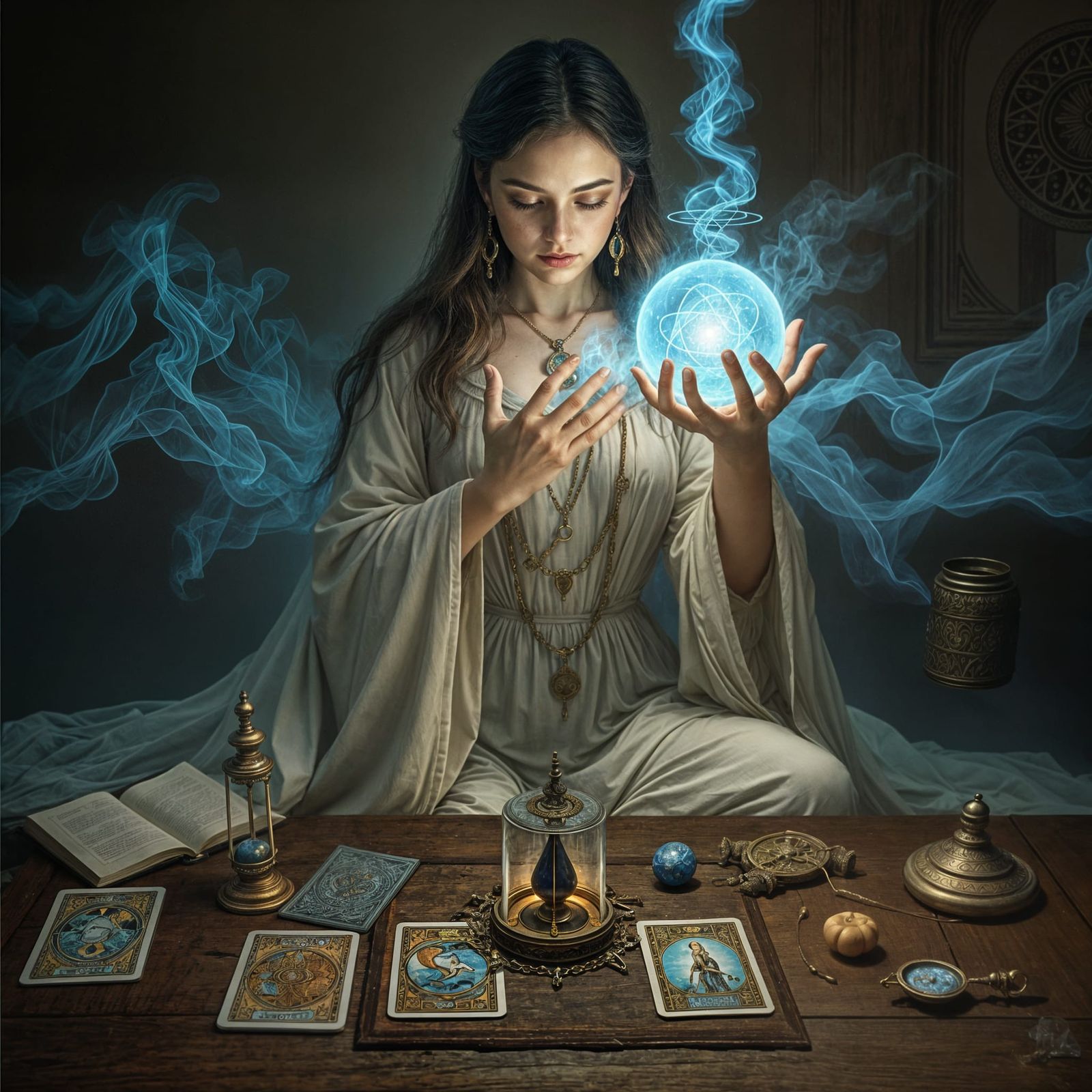 Woman Holds Soul Orb with Tarot Cards
