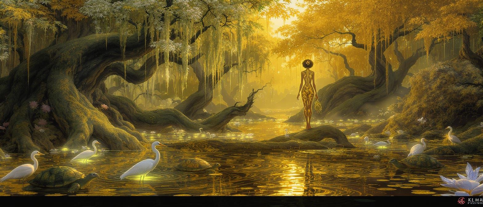 Klimt Style Swamp Reverie with Golden Embellishments
