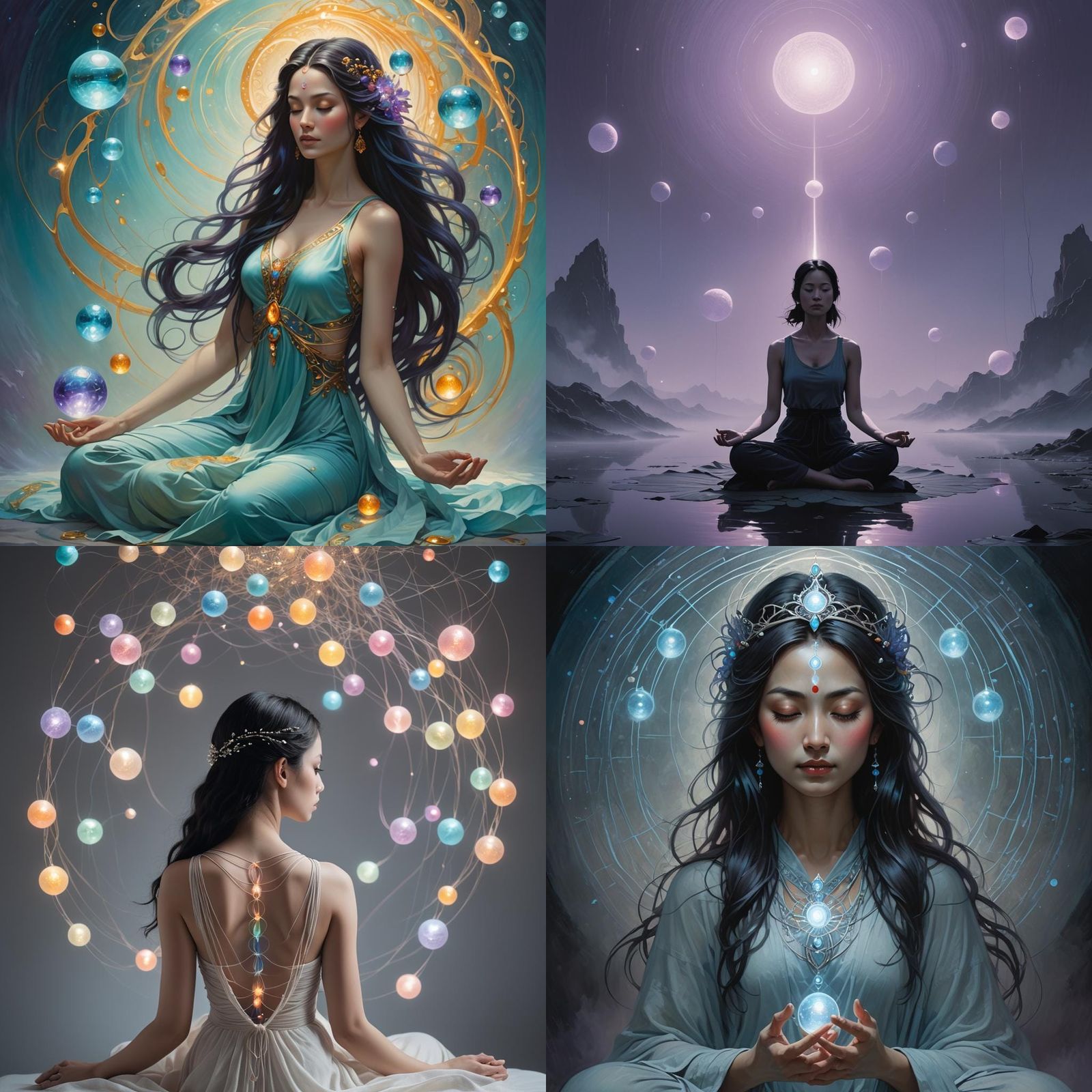 Meditating Woman Silhouette with Energy Orbs