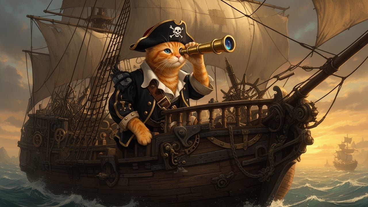 Steampunk Pirate Cat with Telescope on Ship