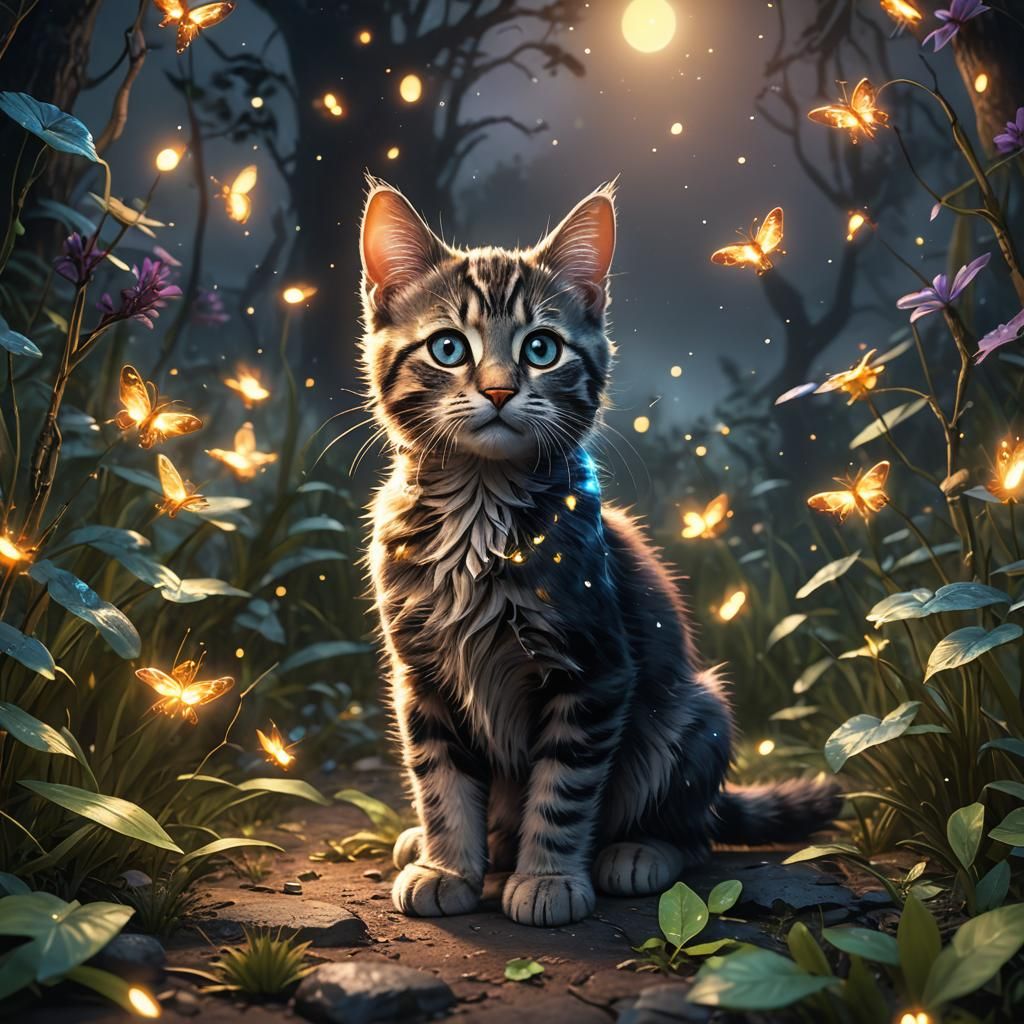 Kitten and Fireflies: Detailed Matte Painting