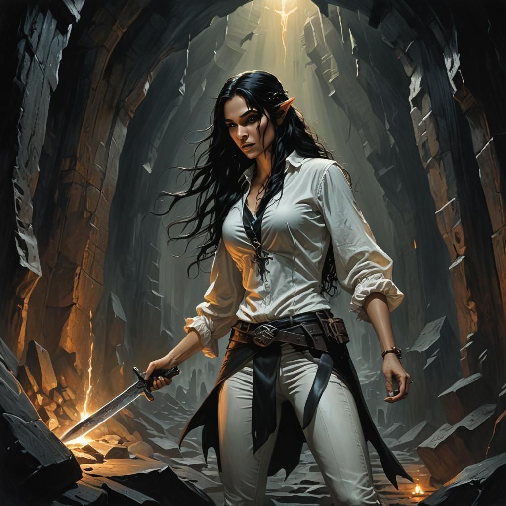 Elven Scholar in Demonic Cavern: Dark Fantasy Illustration