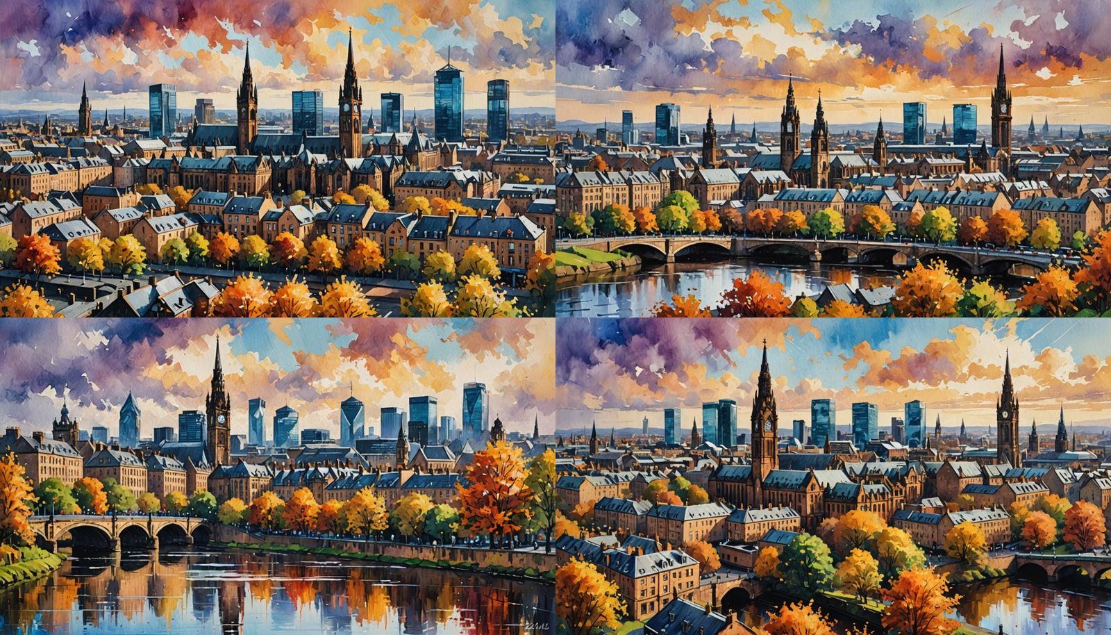 Glasgow City Skyline in Autumn: Watercolour Sketch