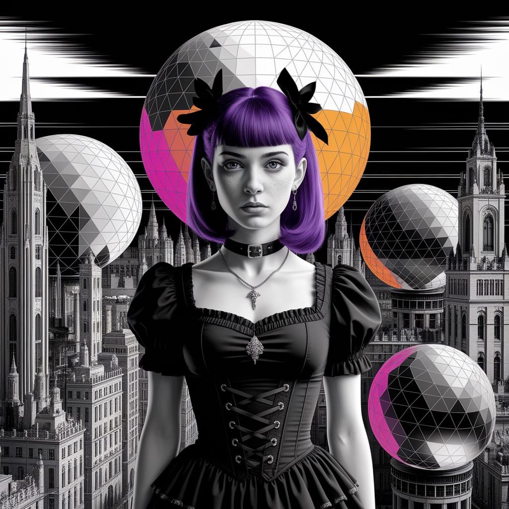 Gothic Girl in Utopic City, Charcoal Art Deco