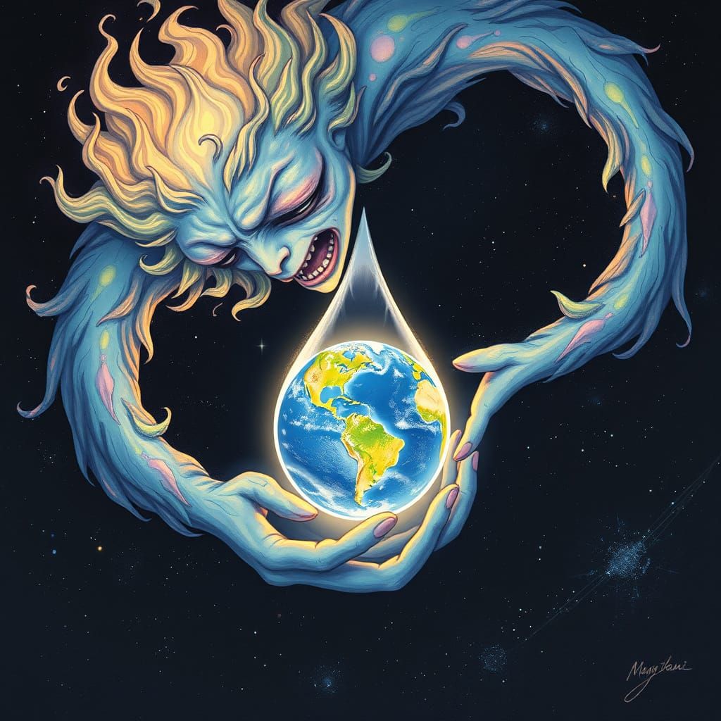 Ethereal Astral Being Cries for a Glowing Earth in Space