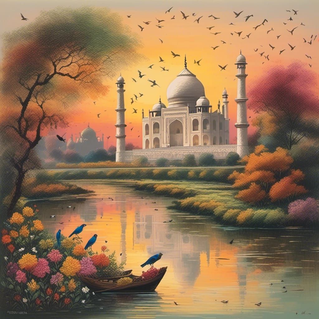 Taj Mahal Sunset in Indian Miniature Style