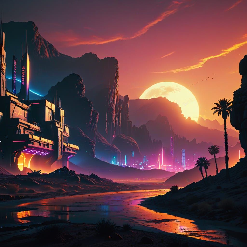 Cyberpunk City in Desert Cliffs at Sunset