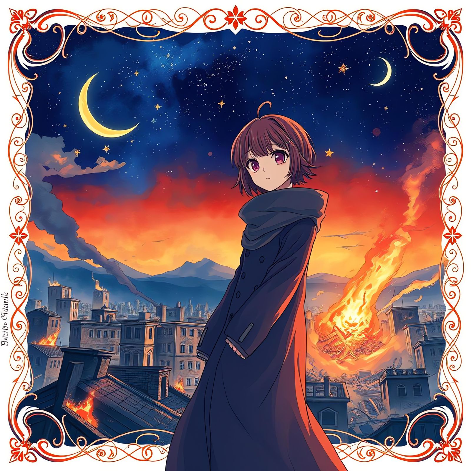 Anime Character in Ruined City: Watercolor Painting