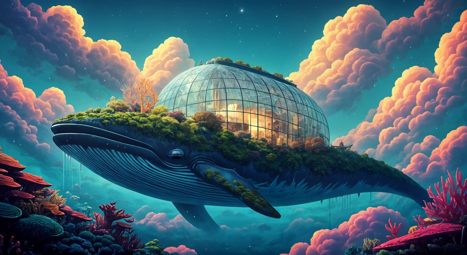 Glass Greenhouse Citadel on a Slumbering Skywhale in a Prism...