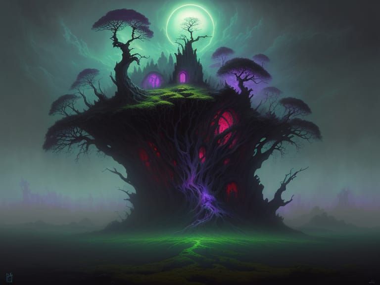 Surreal Landscape with Gnarled Tree and Ancient Door in Vibr...