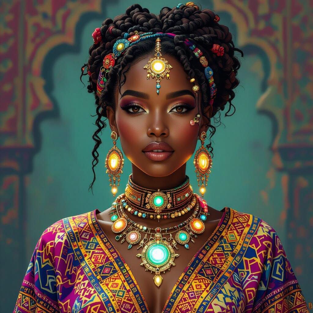 Nubian Woman in Futuristic Jewelry, Matte Painting Style