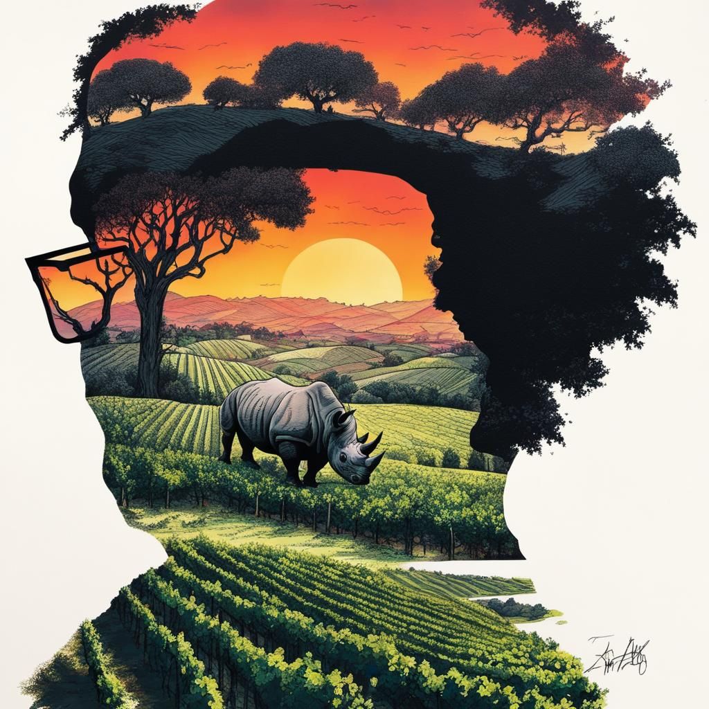 Rhinoceros and Vineyard in Double Exposure Style