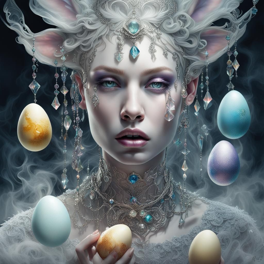 Fragile Pale Woman with Crystals and Smoke