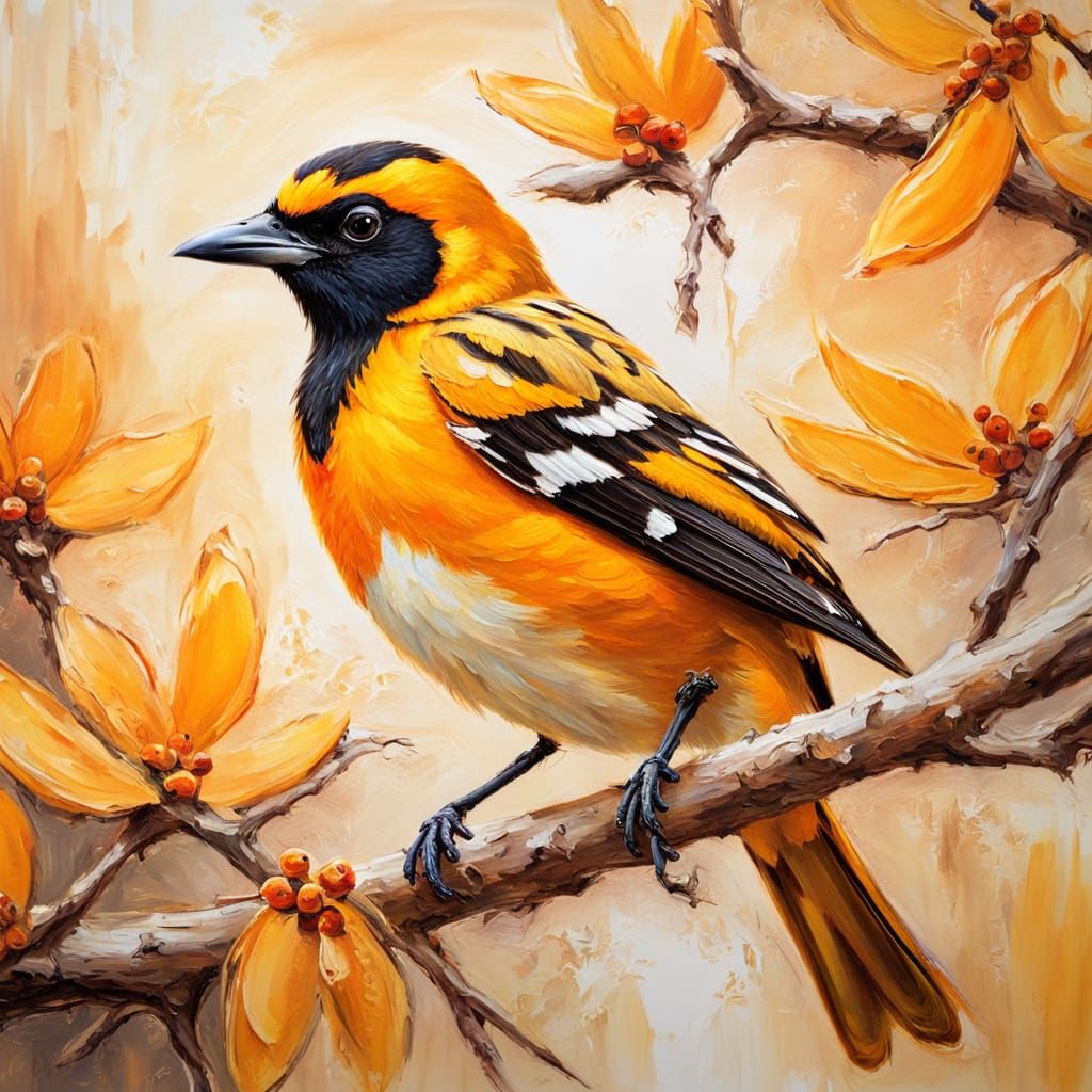 Vibrant Oil Painting of Ochre Oriole in Golden Hour Light