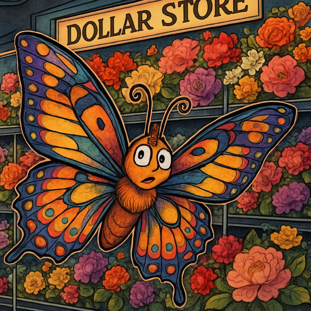 Confused Butterfly and Dollar Store Flowers in Comic Style