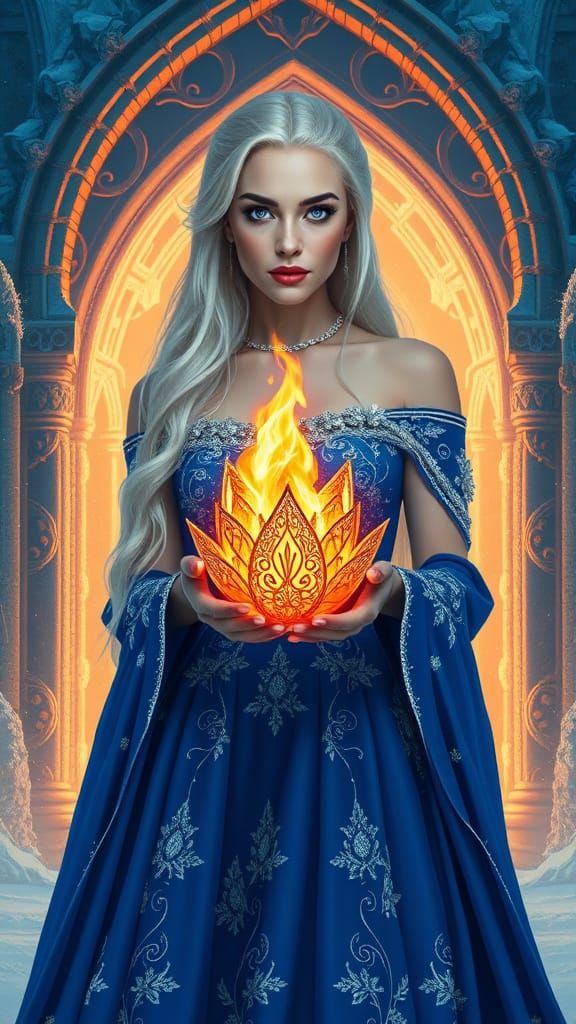 Ethereal Queen of Fire and Ice in Fantasy Realism