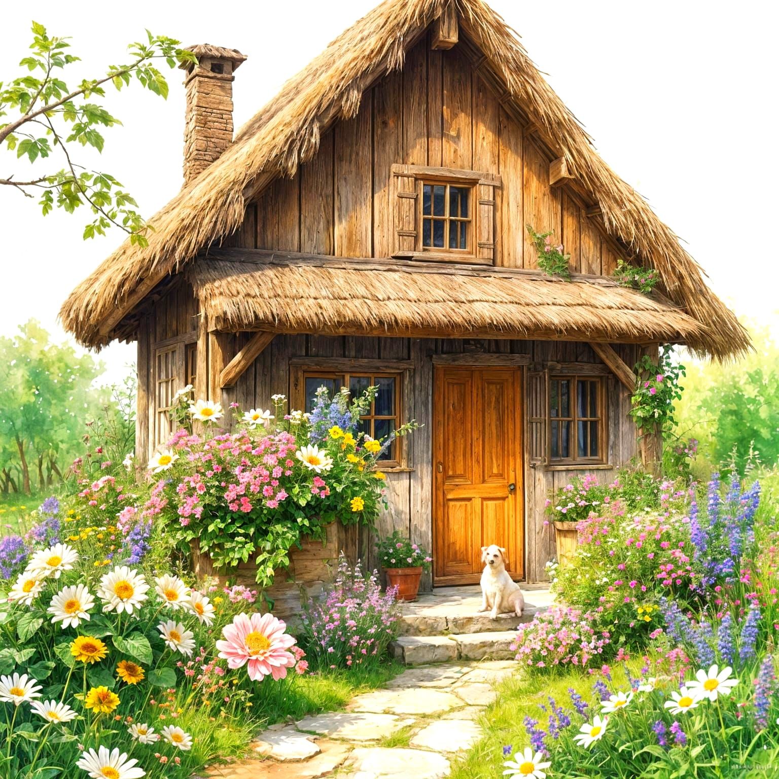 Charming Thatched Cottage in Watercolor Floral Scene