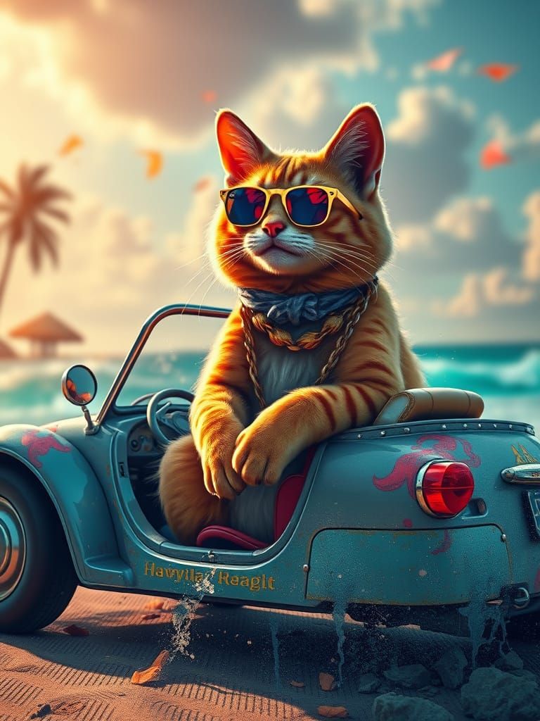 Gangster Hip Hop Cat on Beach, Hyperdetailed Art