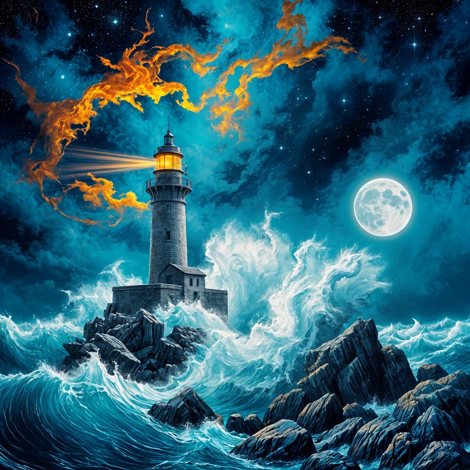Stormy Lighthouse Against a Celestial Canvas