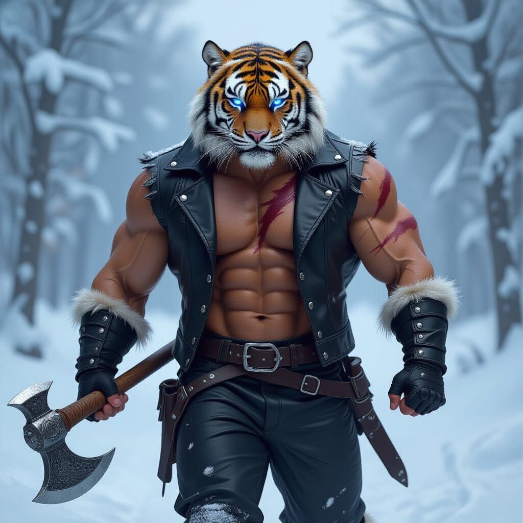Muscular Tiger Man Warrior in Snowy Forest