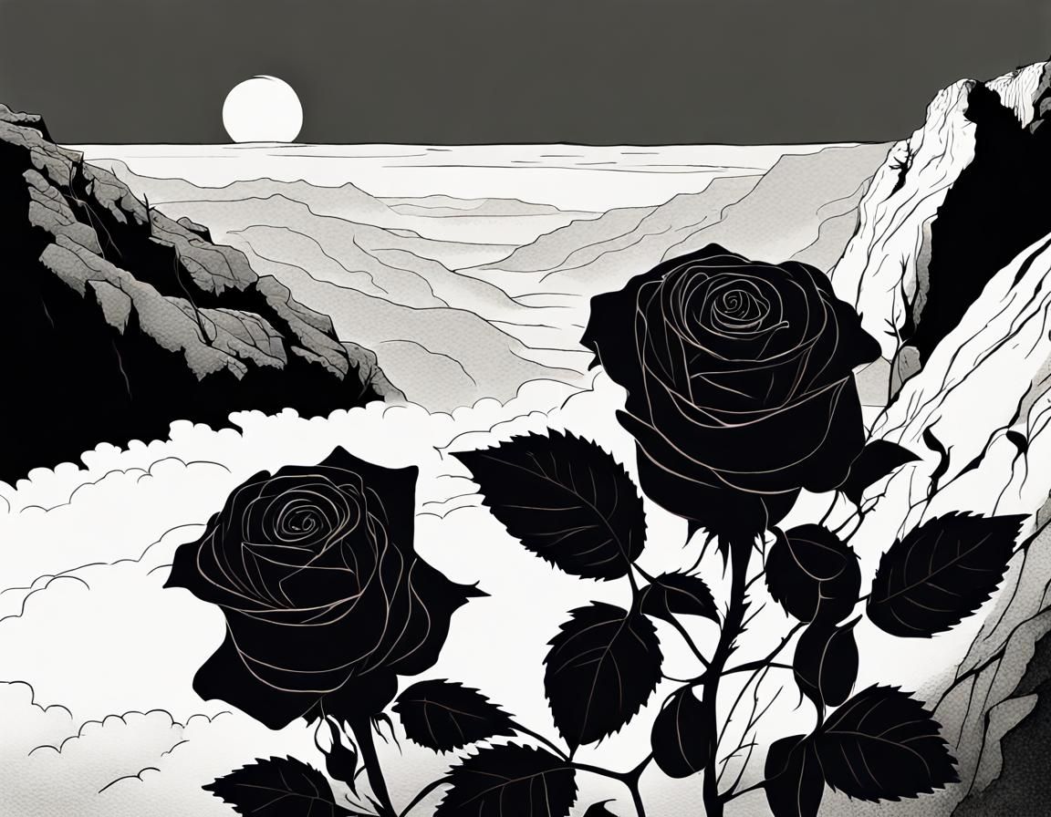Black Roses Bloom in Darkness on a Cliff