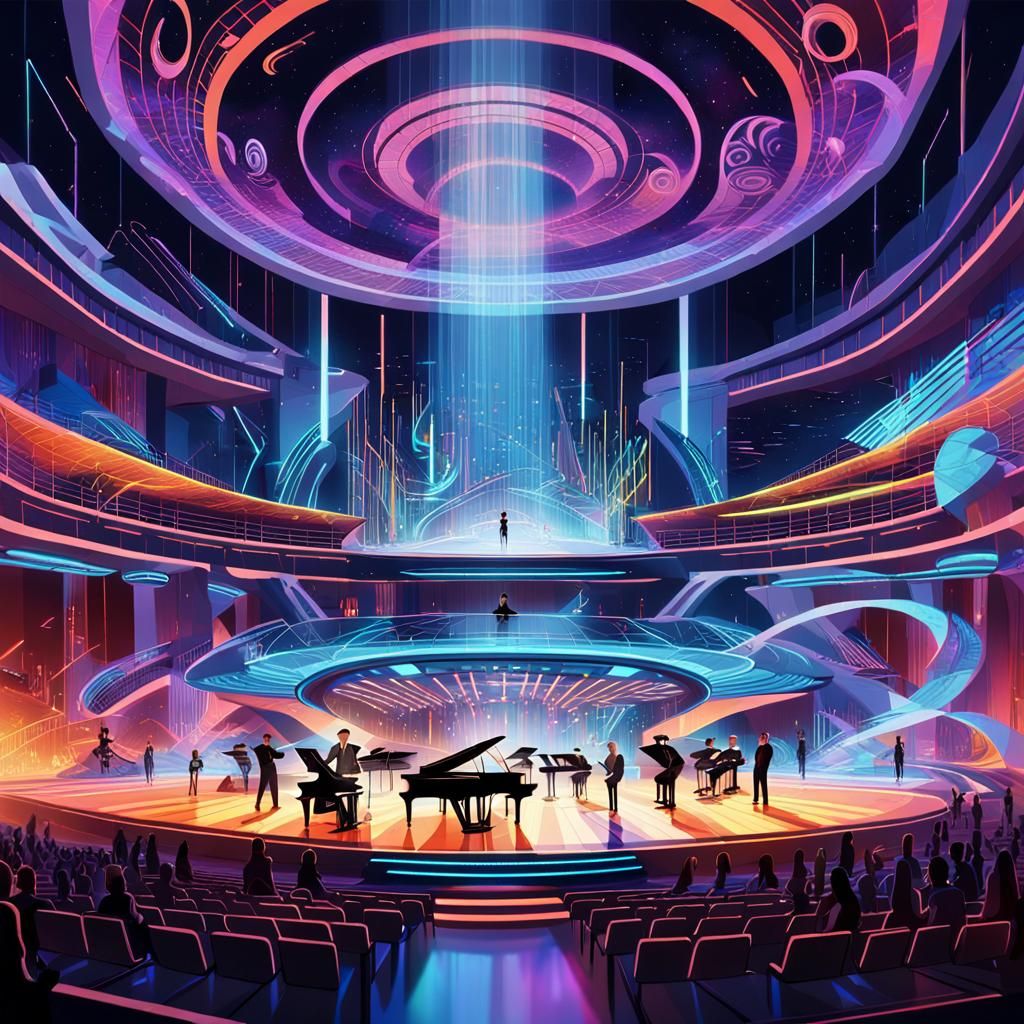 Futuristic Concert Hall with Holographic Music Notes